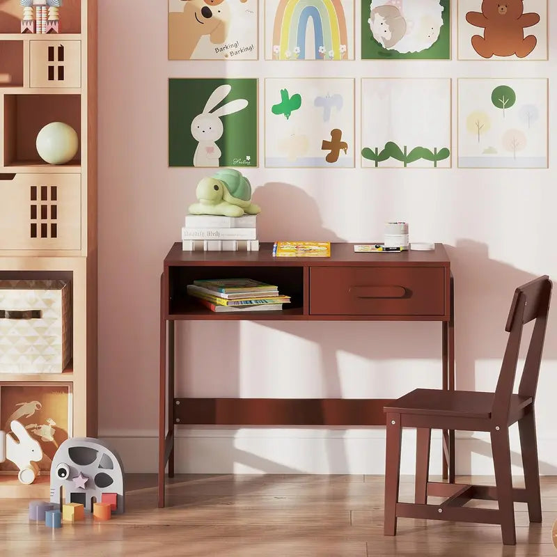 Wooden Kids’ Desk and Chair Set with Storage Hutch & Drawer  Compact Study Station for Children Ages 3+ (White)