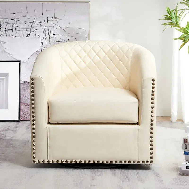 KINWELL Swivel Barrel Chair  29″ Wide Tufted PU Leather Accent Seating with 360° Rotation