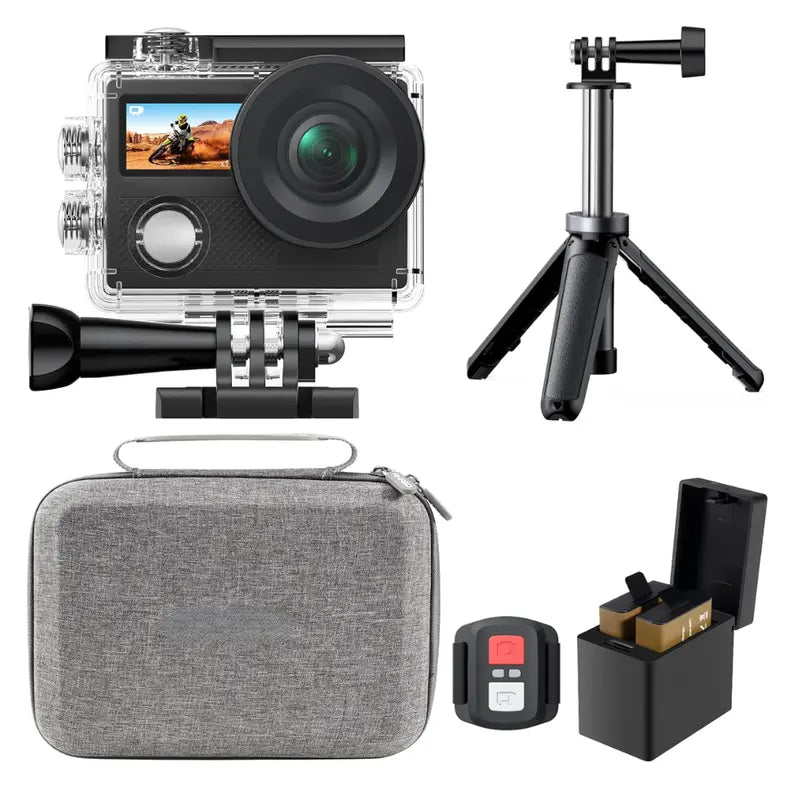 Dual-Screen 4K Action Camera Kit with Waterproof Housing, WiFi, and Mount Accessories