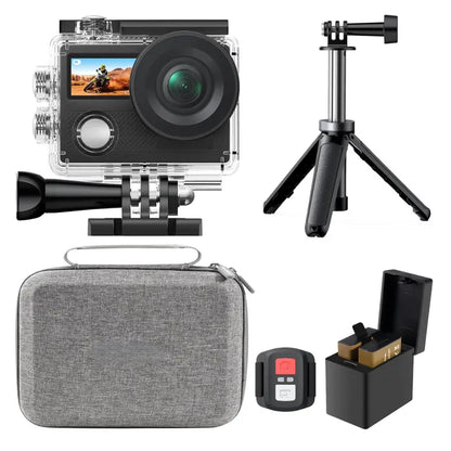 Dual-Screen 4K Action Camera Kit with Waterproof Housing, WiFi, and Mount Accessories