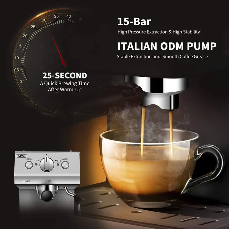 GEVI Silver Stainless Steel 15 Bar Espresso Machine 2 Shot Pump Cappuccino Maker