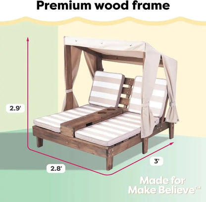 KidKraft Honey-Finished Outdoor Double Chaise Lounge  Navy & White Striped Fabric, Ages 38