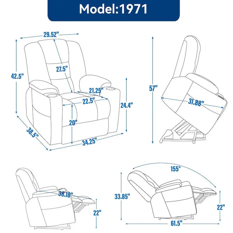 Electric Power Lift Recliner with Massage, Heat, USB-C Ports, and Dual Steel Cup Holders