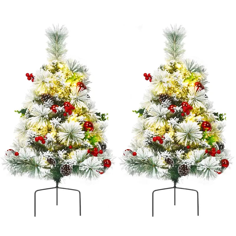 Set of Two 2-Foot Pre-Lit Snow-Flocked Pathway Christmas Trees