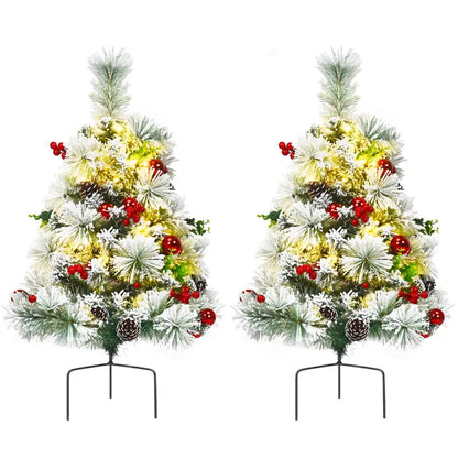 Set of Two 2-Foot Pre-Lit Snow-Flocked Pathway Christmas Trees