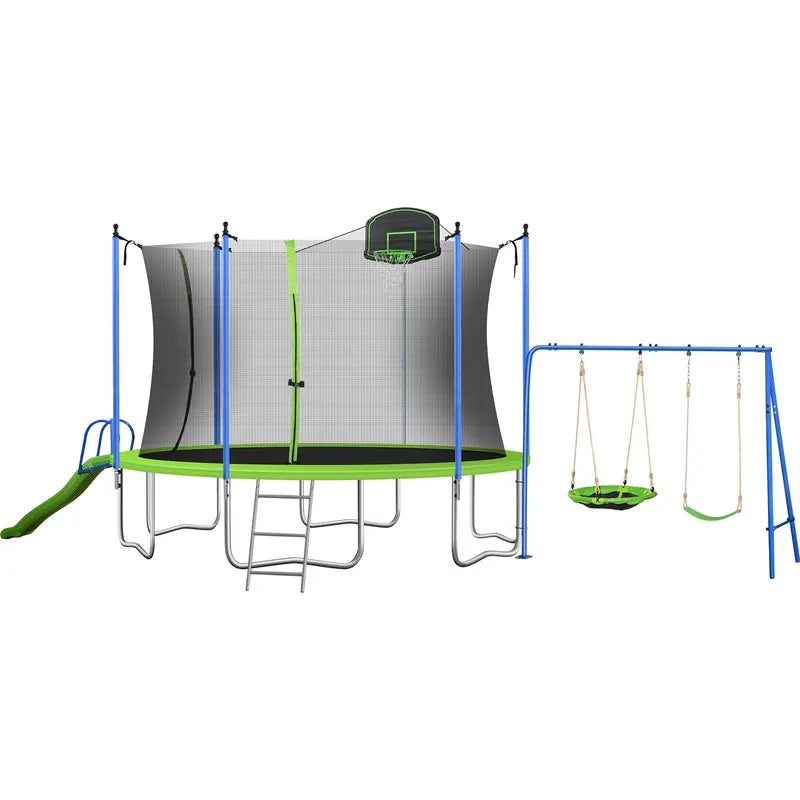 LISUEYNE 12ft Trampoline with Slide and Swing,Recreational Trampoline with Basketball Hoop and Ladder,Outdoor Fitness Trampoline for Kids Adults,1000 LBS Weight Capacity