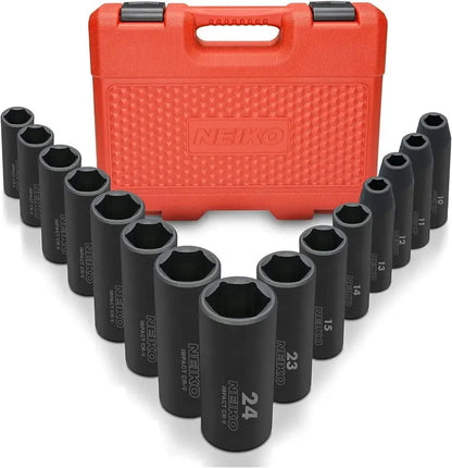 Drive Master 65-Piece Impact Socket Set, SAE (3/8″-1-1/4″) & Metric (10-24mm), Deep & Shallow, with Adapters & Ratchet Handle