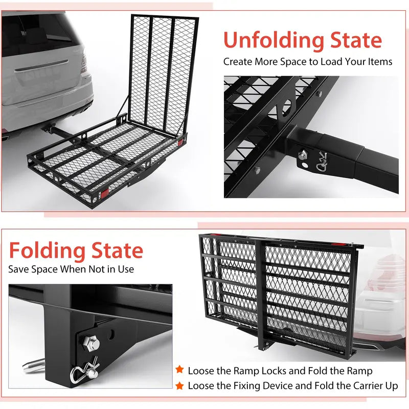 Hitch-Mount Wheelchair Carrier with Loading Ramp and Dual Secure Tie-Down Straps