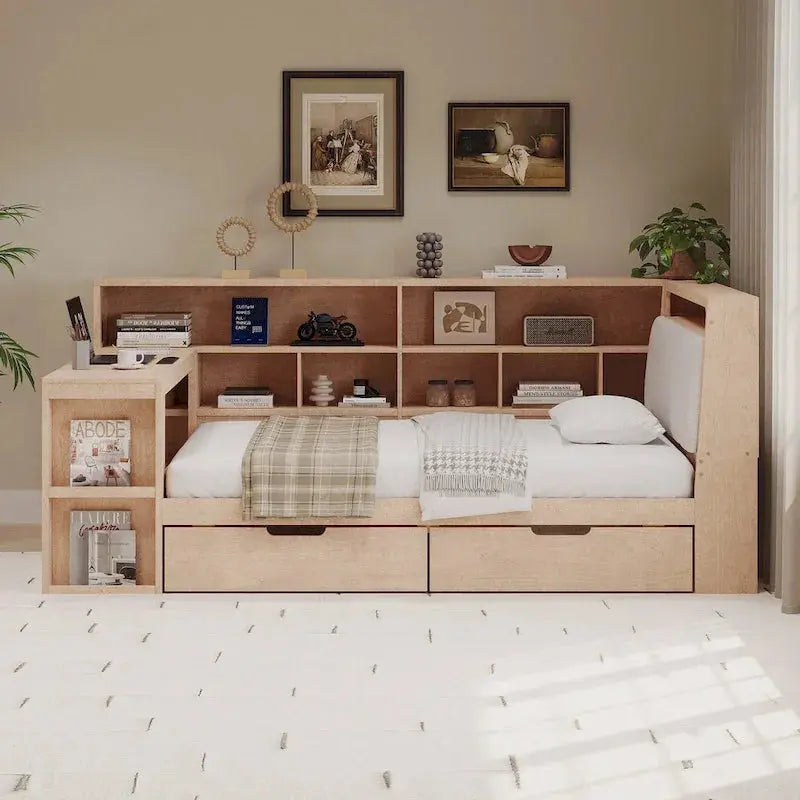 L-Shaped Upholstered Sofa Daybed with Built-in Desk, Bookcase, LED Headboard, and Under-Bed Storage