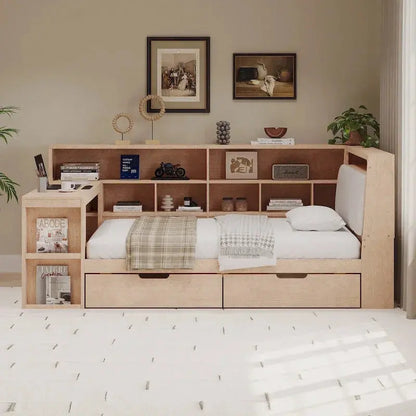 L-Shaped Upholstered Sofa Daybed with Built-in Desk, Bookcase, LED Headboard, and Under-Bed Storage