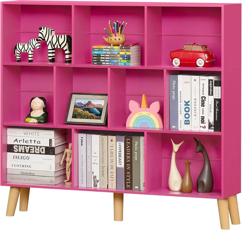 LEYAOYAO Natural Wood 7-Cube Bookshelf  Modern Open-Back Storage Unit with Solid Legs