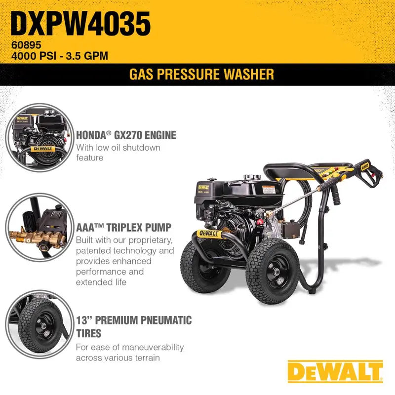 DEWALT Professional Gas Pressure Washer 4000 PSI at 35 GPM HONDA with AAA Triplex Plunger Pump Cold Water 49 State