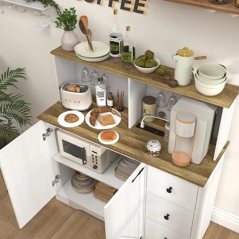 White Farmhouse Coffee Bar Buffet  Dual-Door Cabinet with Power Outlets, Glass Holder & 3 Drawers