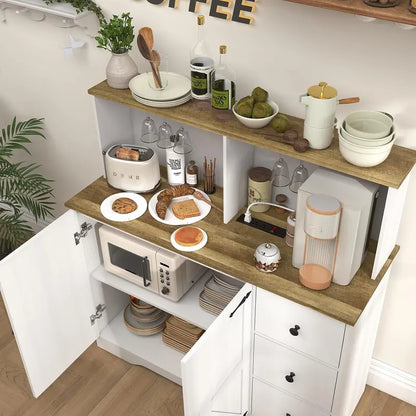 White Farmhouse Coffee Bar Buffet  Dual-Door Cabinet with Power Outlets, Glass Holder & 3 Drawers