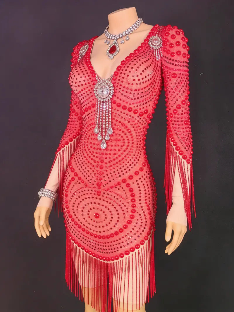Red Beaded Mesh Bodycon Mini Dress with Long Sleeves and Fringed Accents