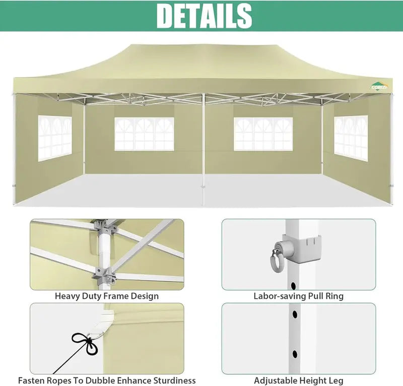 COBIZI 10×20 ft Commercial Pop-Up Canopy Tent  Heavy-Duty Frame, 6 Sidewalls, Wind/Waterproof Gazebo with Roller Bag
