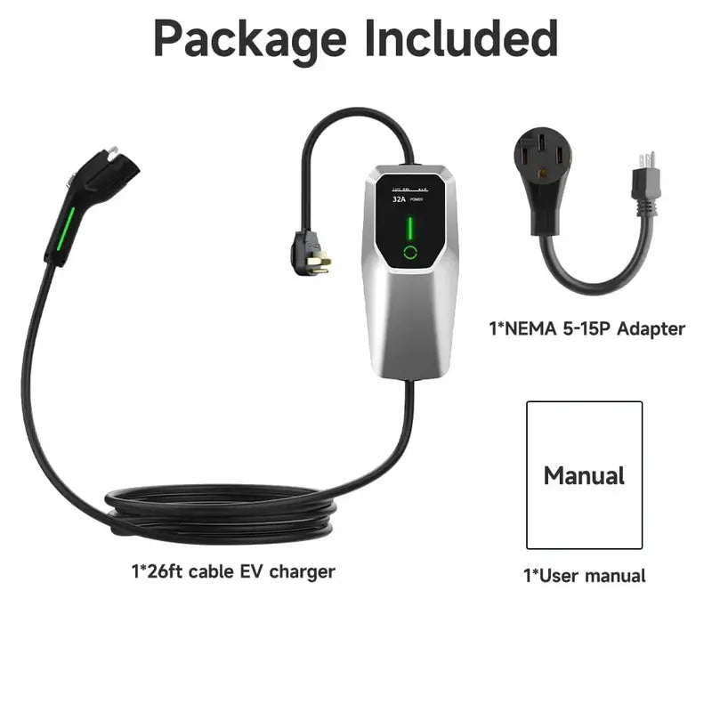 Portable 32A EV Charger for Home Use  NEMA 14-50 Plug, 26-Foot Cable, Supports Level 1 & Level 2 Charging (7.68 kW)