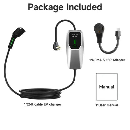 Portable 32A EV Charger for Home Use  NEMA 14-50 Plug, 26-Foot Cable, Supports Level 1 & Level 2 Charging (7.68 kW)