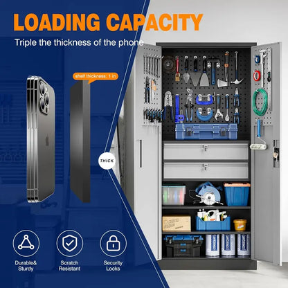 Yizosh Heavy-Gauge Locking Garage Cabinet  71-Inch Steel Tool Storage with Pegboard, Two Drawers, and Reinforced Doors