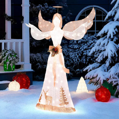 Pre-Lit 3D Glittered Angel Ornament with 100 Warm White Lights, Halo, Bow, and Ground Stake