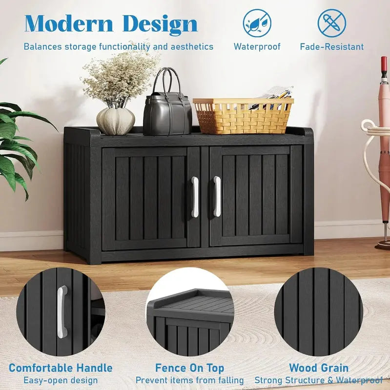 Kamaboko Waterproof Shoe Storage Cabinet  UV-Resistant Outdoor/Indoor Entryway Bench with Dual Barn Doors