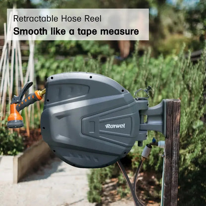 Roywel 65-Foot Retractable Garden Hose Reel with Wall-Mount Bracket