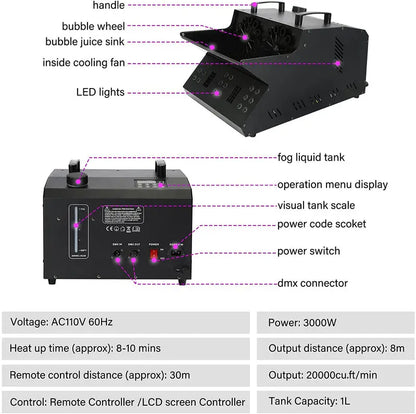 TC-Home 3-in-1 Fog & Bubble Machine  DMX-Controlled, 18 RGB LEDs, Dual Bubble Fans