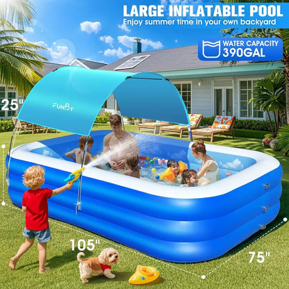 Ocean-Themed Inflatable Family Pool with Canopy  Extra-Large 105″ x 75″ x 25″, Thickened Vinyl for Kids & Adults, Backyard Swimming Pool
