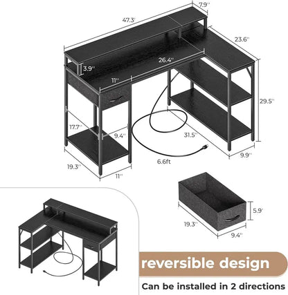 SUPERJARE L-Shaped Gaming Desk  RGB LED Lighting & Ergonomic Design
