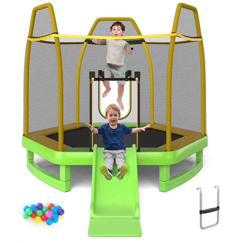 Kids’ Trampoline with Integrated Slide, 7-Foot ASTM-Certified Backyard Play Set