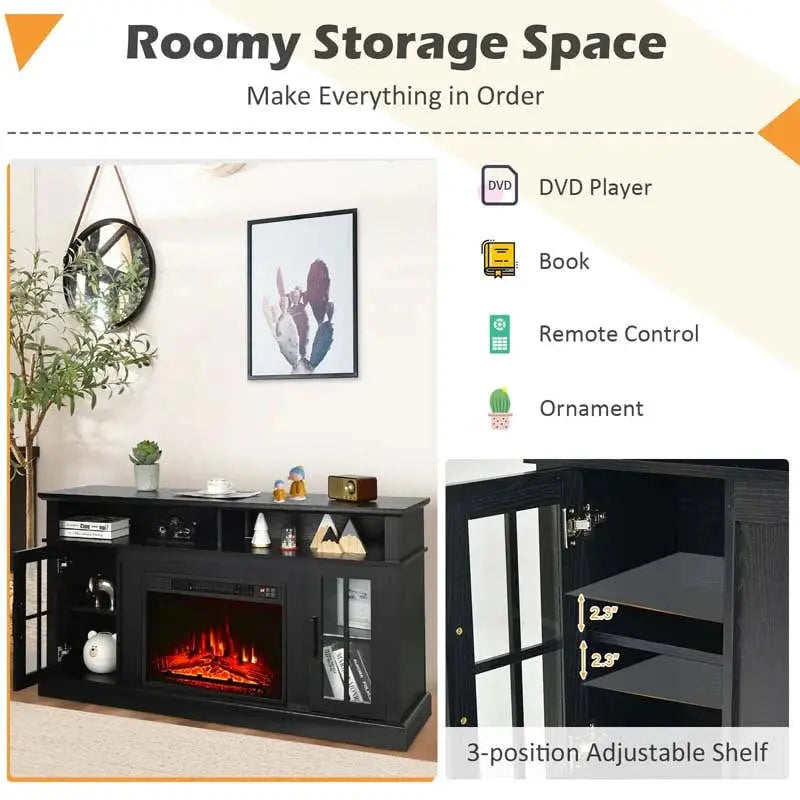 Electric Fireplace TV Console  58″ Media Stand with 23″ Built-In Insert and 1400W Heater, Supports TVs up to 65″