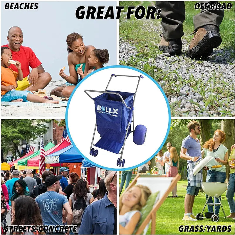 RollX Foldable Beach Cart  12″ Balloon Tires, Mesh Storage Pockets & Umbrella Holder (Blue)