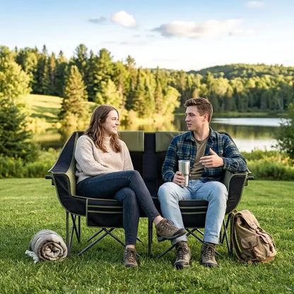 Heavy-Duty Dual-Seat Camping Loveseat  660 lb Capacity, Cup Holders & Carry Bag