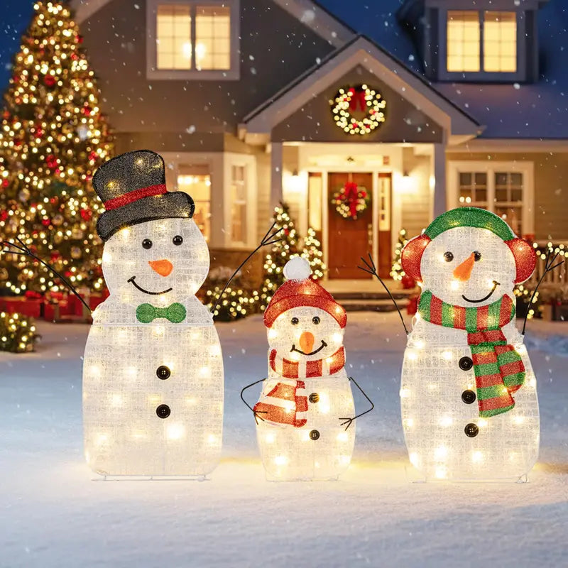 Lighted Snowman Family Set  Flat-Style Pre-Illuminated Christmas Decor with Classic Winter Charm