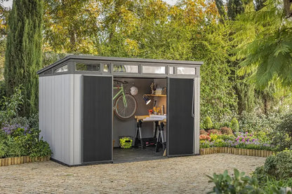 Keter Artisan 11′ x 7′ Modern Resin Storage Shed Kit  Stylish, All-Weather Outdoor Storage for Patio Furniture & Garden Equipment