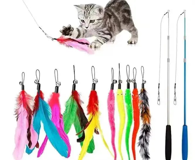Funny Feather Cat Toy with Bell Refills, Retractable Wand, Eco-Friendly Materials, Includes 5 Feather Refills, for Active Kittens