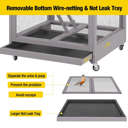 Brand Wooden Cockatiel Cage with Wheels, Removable Netting, Waterproof Roof, and Spacious Design for Outdoor Use