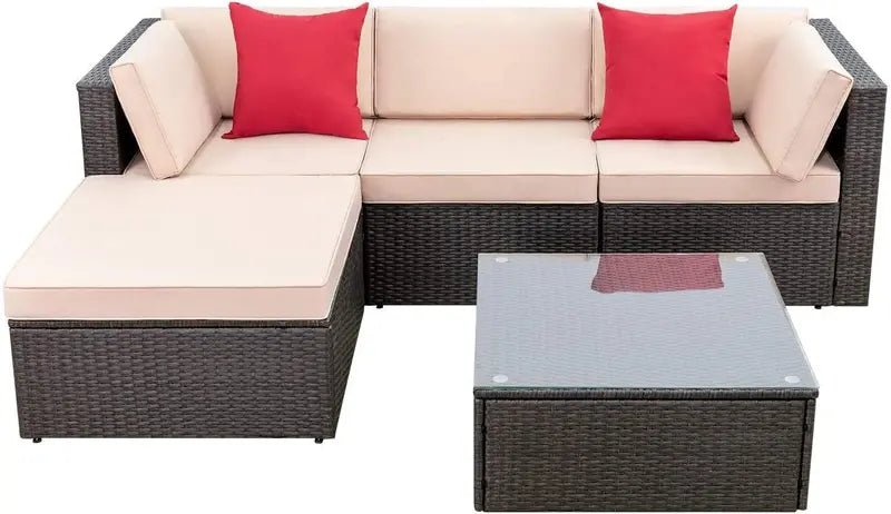 Devoko 5-Piece All-Weather Patio Sectional Set — Beige Wicker Rattan Sofa with Cushions and Tempered Glass Table