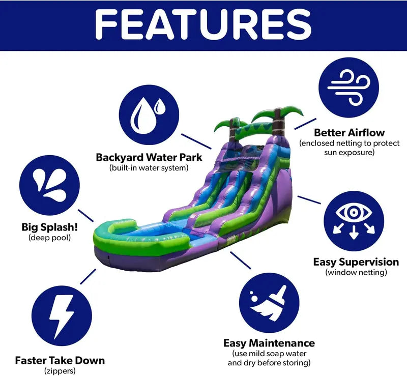 HeroKiddo 16-Foot Tropical-Themed Inflatable Water Slide with Pool  Wet/Dry Use