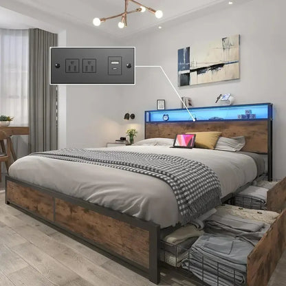 Lifezone Queen Platform Bed Frame  Metal Construction with 2-Tier Storage Headboard & 4 Under-Bed Drawers