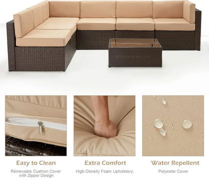 7-Piece PE Rattan Patio Furniture Set  Navy Cushioned Sectional Sofa, Tea Table & Black Wicker Frame for Backyard Use