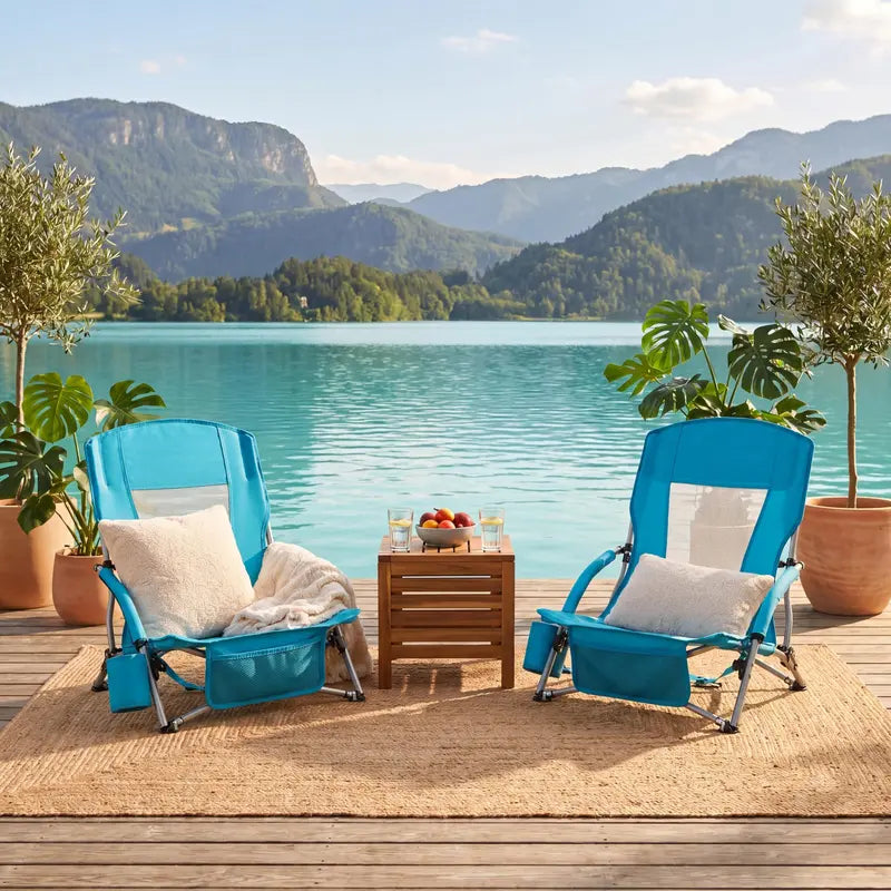 Set of Two Lightweight Folding Beach Chairs  Low-Profile Portable Camp Seating for Adults