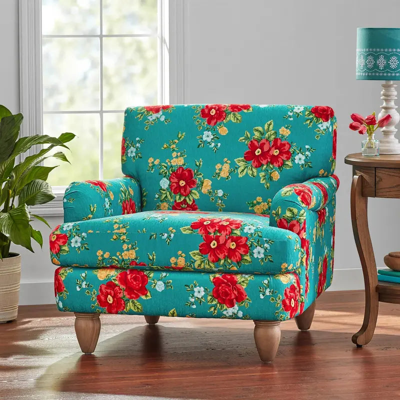 Pioneer Woman Teal Floral Accent Chair with Low Back and Vintage Design