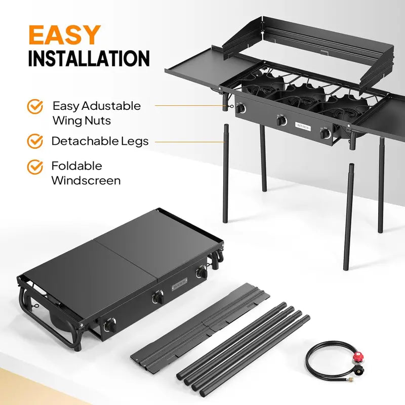 ROVSUN Portable 3-Burner Propane Stove  Compact Cooking Station with Dual Side Shelves