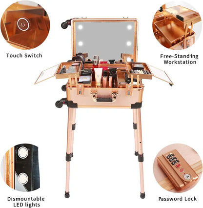 Lighted Makeup Travel Case  Medium-Sized Cosmetic Organizer with Code Lock, Built-in Speaker & Mirror