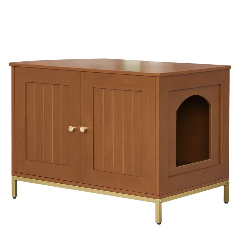 Modern Cabinet-Style Litter Box Hideaway with Metal Frame and Smooth Tabletop Surface