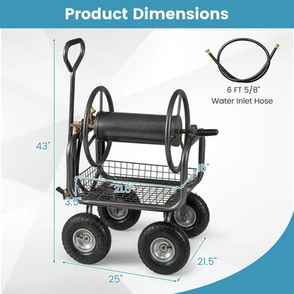 Heavy-Duty Hose Reel Cart with Integrated Storage Basket  Supports 300 Feet of 5/8-Inch Garden Hose