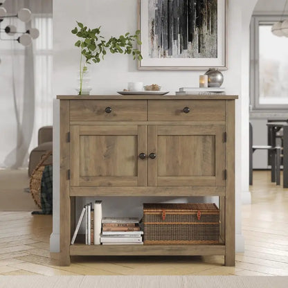 HOSTACK Farmhouse Console Table  Rustic Brown Entryway or Coffee Bar with Cabinet, Drawers & Shelf