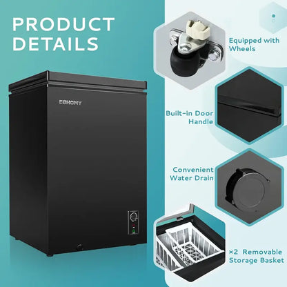 EUHOMY 3.5 Cu.Ft Portable Chest Freezer  Wheeled Deep Freeze Unit with 7-Level Thermostat