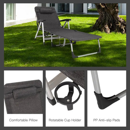 Adjustable Folding Chaise Lounge Chair for Outdoor Use  Includes Cup Holder and Removable Headrest
